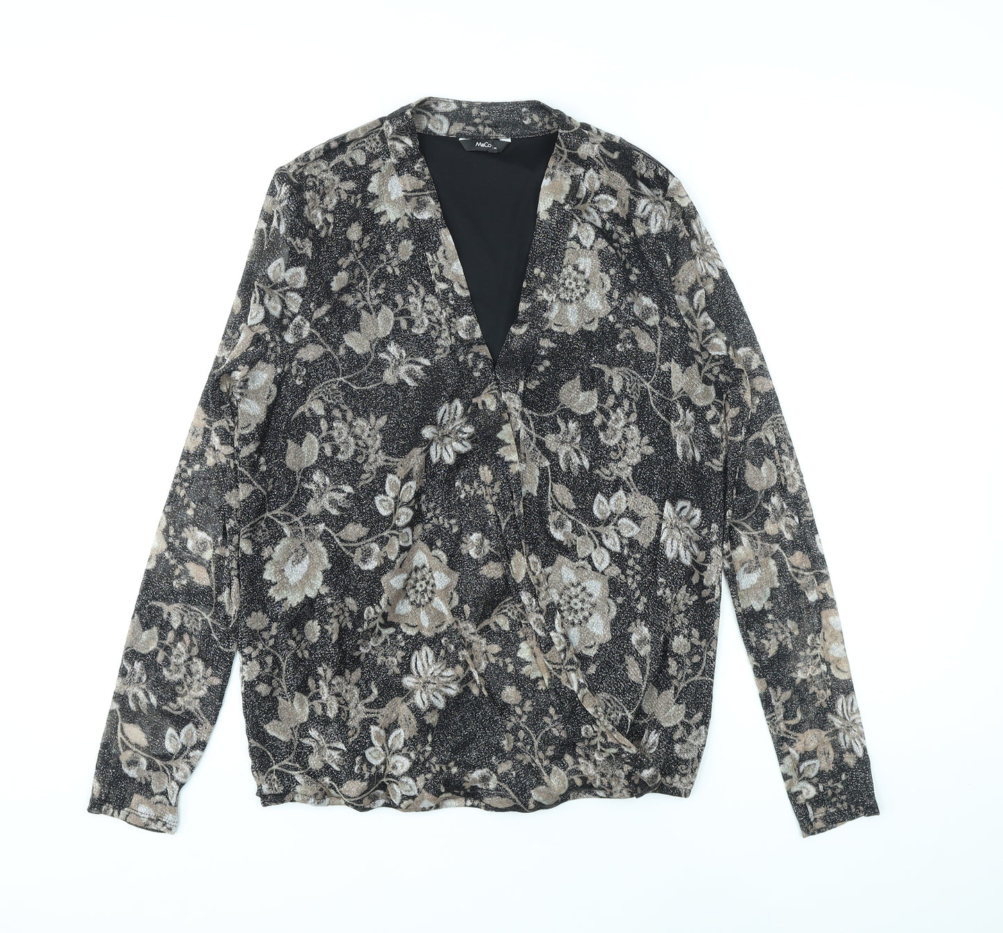 M&Co Womens Beige Floral Nylon Basic Blouse Size 10 V-Neck