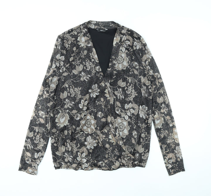 M&Co Womens Beige Floral Nylon Basic Blouse Size 10 V-Neck