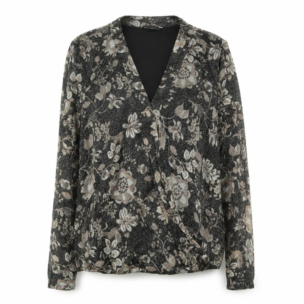 Front view of M&Co women’s beige floral nylon basic blouse, size UK 10, v-neck