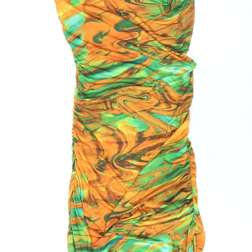 PRETTYLITTLETHING Womens Orange Geometric Polyester Bodycon Size 8 Cowl Neck Pullover - Marble Effect Ruched