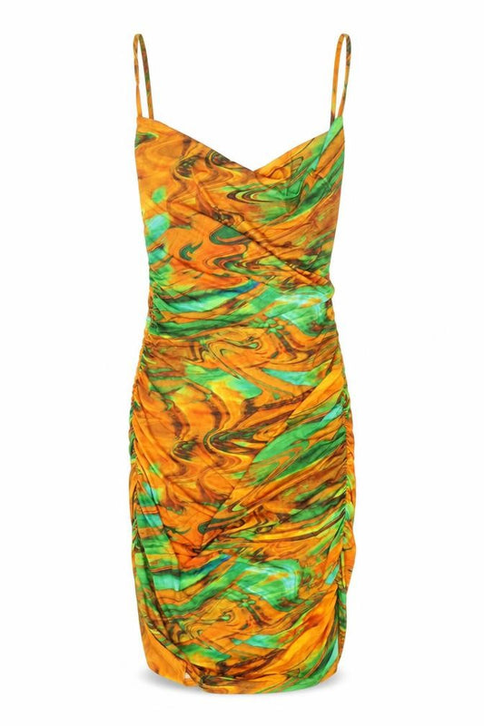 Front view of PRETTYLITTLETHING women’s orange geometric polyester bodycon, cowl neck pullover - marble effect ruched