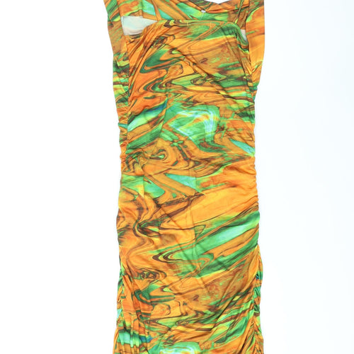 PRETTYLITTLETHING Womens Orange Geometric Polyester Bodycon Size 8 Cowl Neck Pullover - Marble Effect Ruched