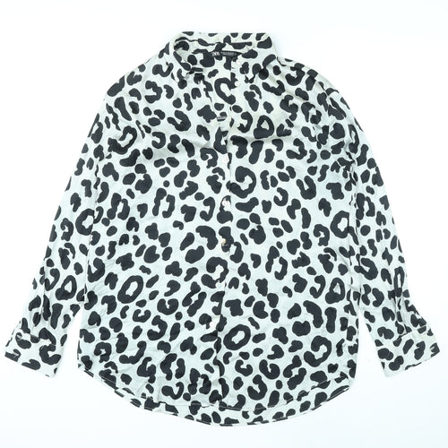 Zara Womens Grey Animal Print Polyester Basic Button-Up Size XS Collared - Leopard Pattern