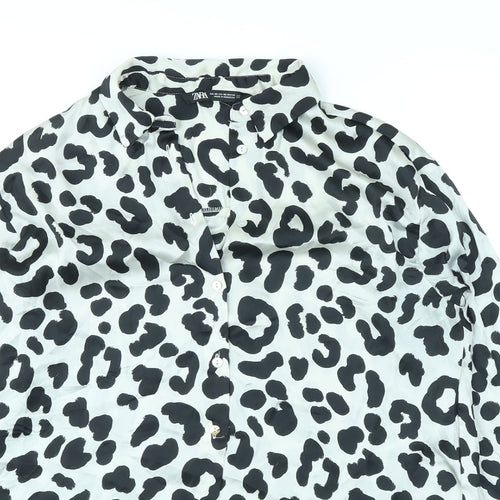 Zara Womens Grey Animal Print Polyester Basic Button-Up Size XS Collared - Leopard Pattern