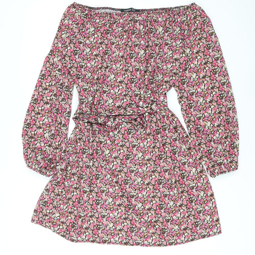 Boohoo Womens Pink Floral Polyester A-Line Size 14 Off the Shoulder Pullover