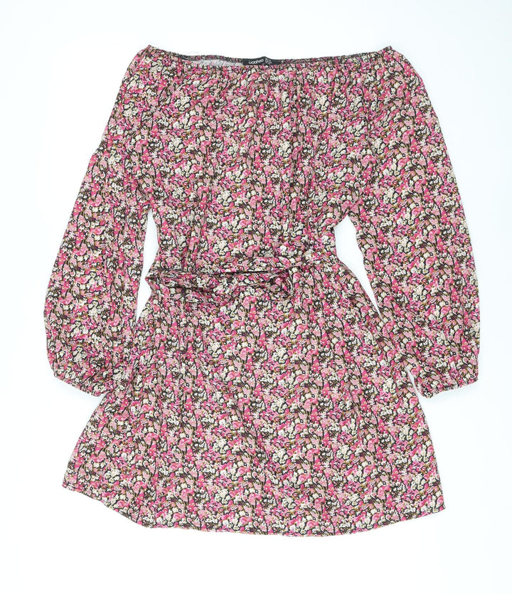 Boohoo Womens Pink Floral Polyester A-Line Size 14 Off the Shoulder Pullover