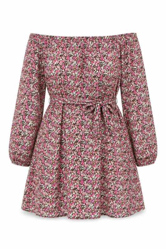 Front view of Boohoo women’s pink floral polyester a-line, size UK 14, off the shoulder pullover