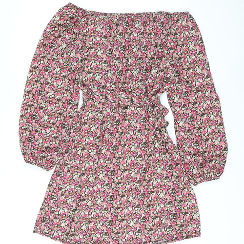 Boohoo Womens Pink Floral Polyester A-Line Size 14 Off the Shoulder Pullover