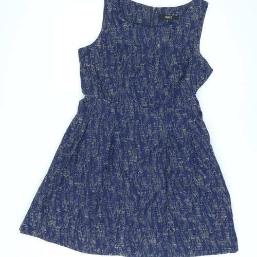 NEXT Womens Blue Geometric Polyester A-Line Size 14 Round Neck Zip