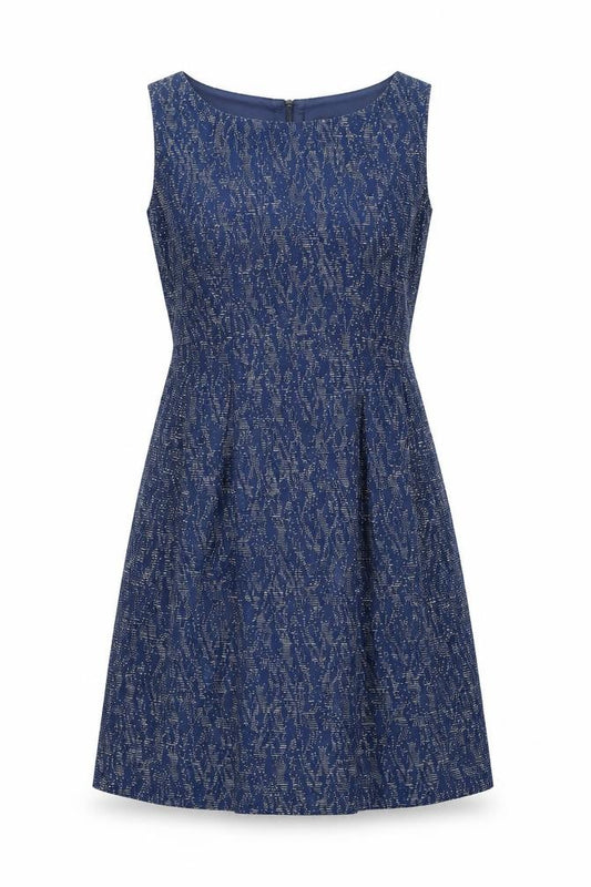 Front view of Next women’s blue geometric polyester a-line, size UK 14, round neck zip