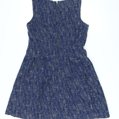 NEXT Womens Blue Geometric Polyester A-Line Size 14 Round Neck Zip