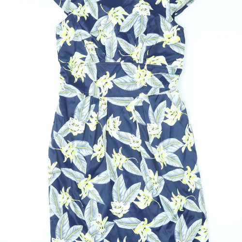 Marc Angelo Womens Blue Floral Cotton A-Line Size 8 Round Neck Zip
