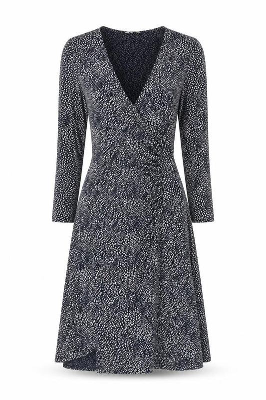 Front view of Adini women’s black geometric viscose wrap dress, size XS, v-neck pullover