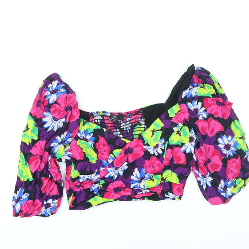 Bershka Womens Multicoloured Floral Polyester Cropped Blouse Size M Sweetheart - Shirred