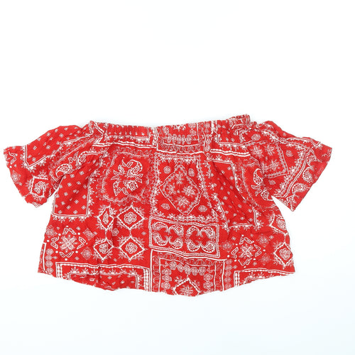 Select Womens Red Geometric Viscose Cropped Blouse Size 6 Off the Shoulder