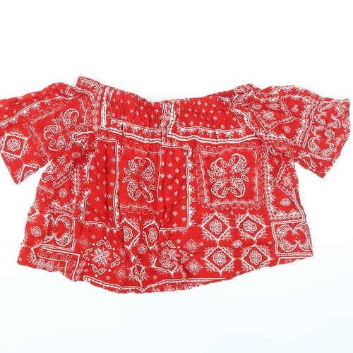 Select Womens Red Geometric Viscose Cropped Blouse Size 6 Off the Shoulder