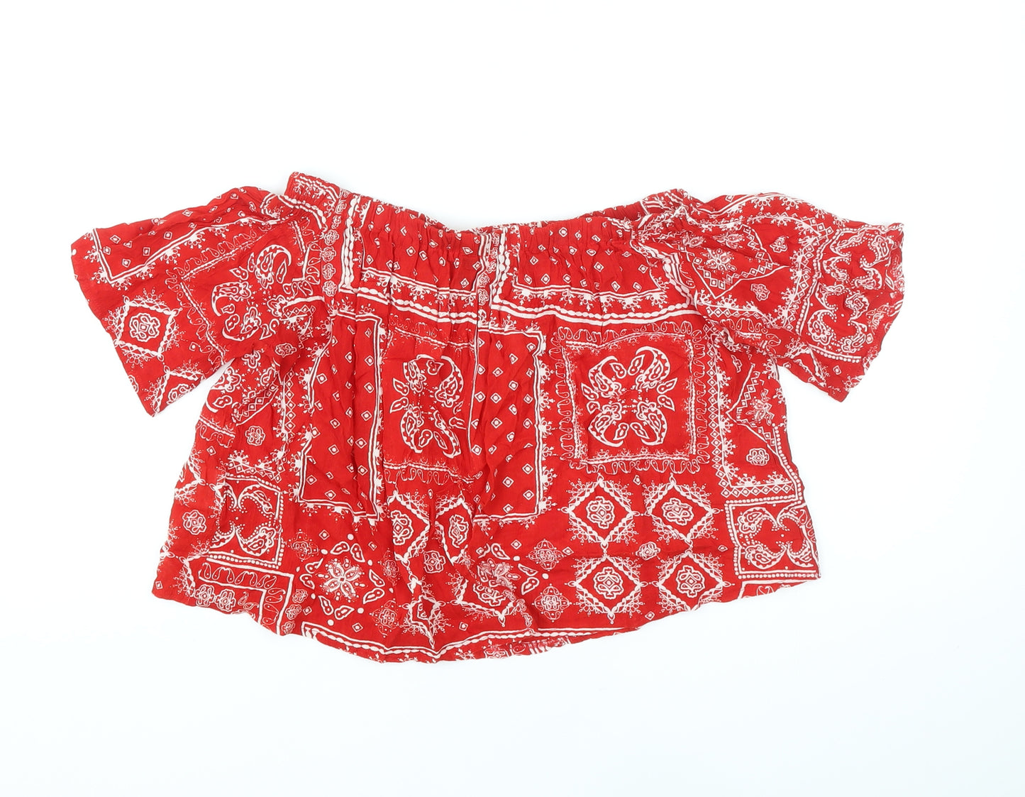 Select Womens Red Geometric Viscose Cropped Blouse Size 6 Off the Shoulder