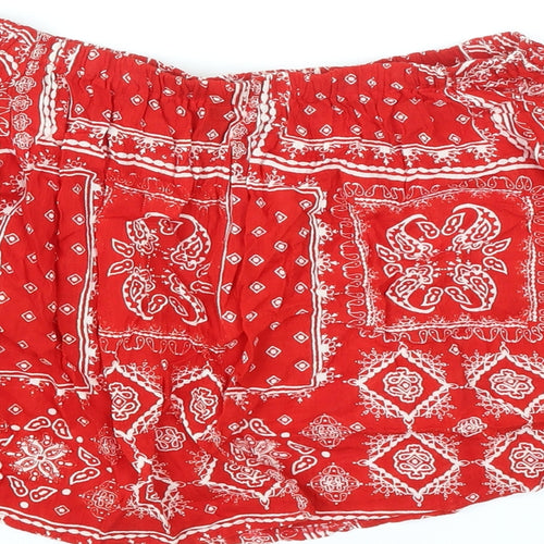 Select Womens Red Geometric Viscose Cropped Blouse Size 6 Off the Shoulder