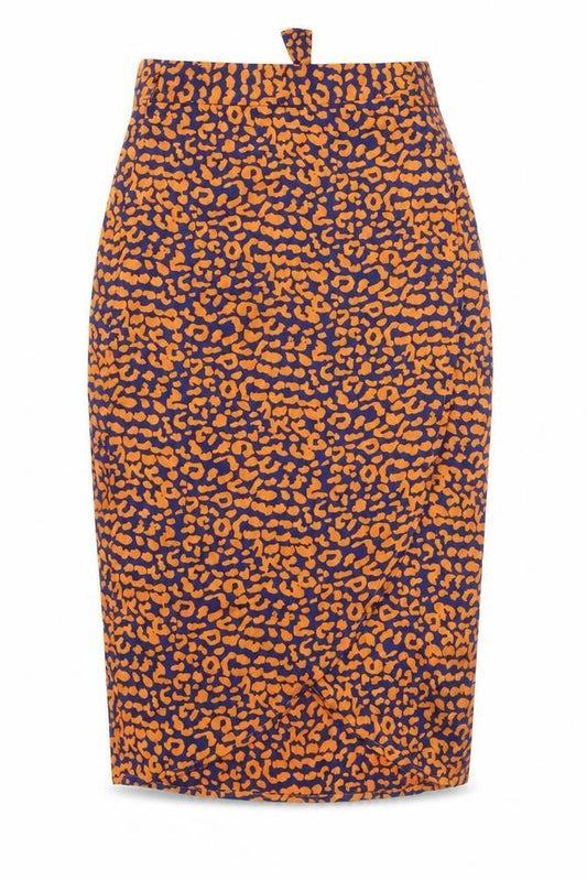 Front view of Boohoo women’s orange animal print polyester wrap skirt, size UK 6, tie - leopard print