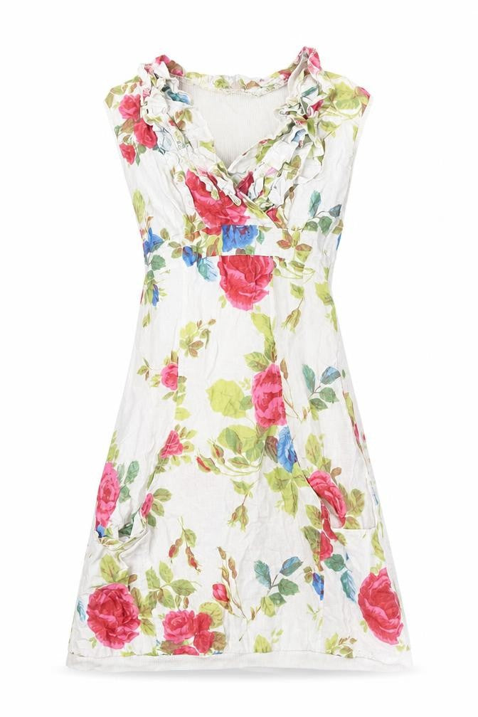 Front view of New Collection women’s multicoloured floral linen mini, size M, v-neck pullover