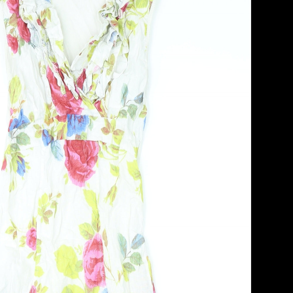 New Collection Womens Multicoloured Floral Linen Mini Size M V-Neck Pullover
