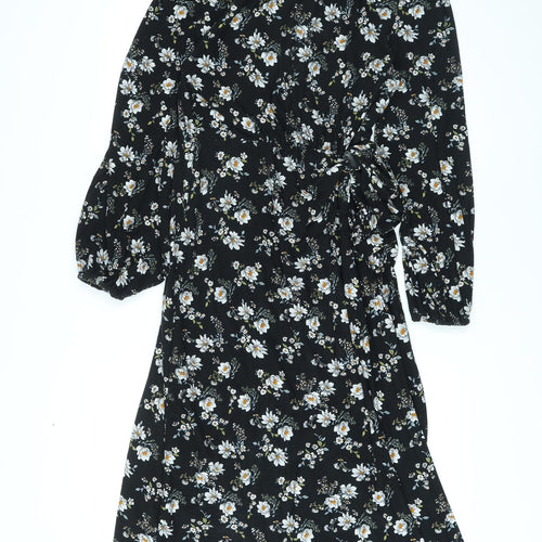 Blue Vanilla Womens Black Floral Polyester A-Line Size 12 Mock Neck Button