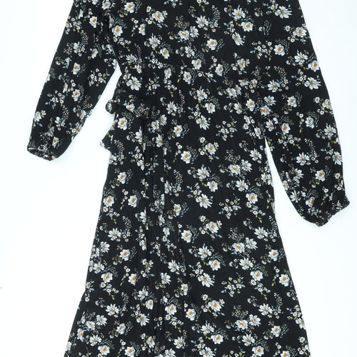 Blue Vanilla Womens Black Floral Polyester A-Line Size 12 Mock Neck Button