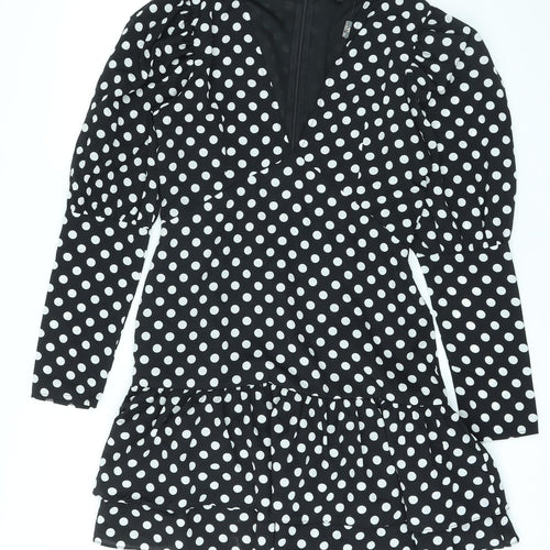 Love & Other Things Womens Black Polka Dot Polyester A-Line Size 12 V-Neck Zip