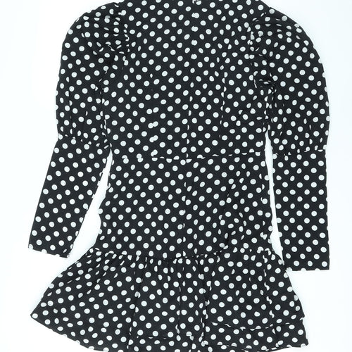 Love & Other Things Womens Black Polka Dot Polyester A-Line Size 12 V-Neck Zip