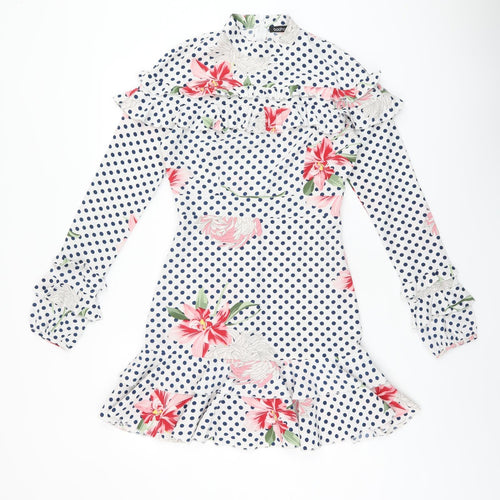 Boohoo Womens White Polka Dot Polyester Skater Dress Size 8 High Neck Zip - Frill Detail Floral