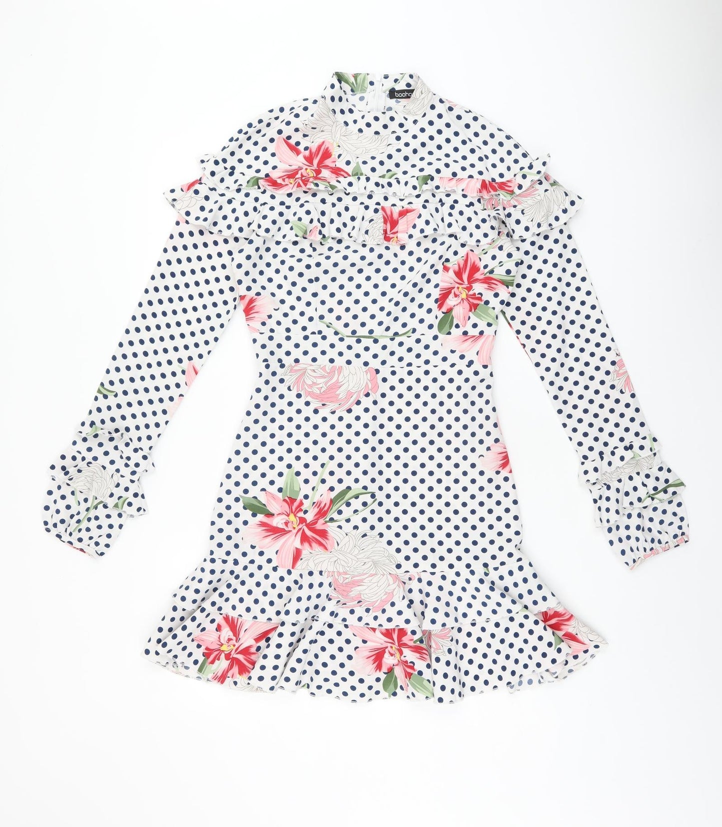 Boohoo Womens White Polka Dot Polyester Skater Dress Size 8 High Neck Zip - Frill Detail Floral