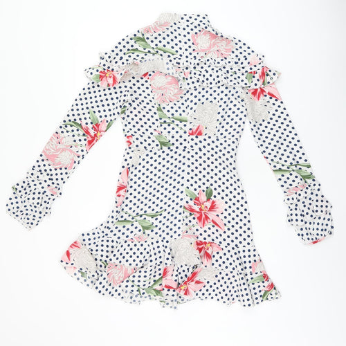 Boohoo Womens White Polka Dot Polyester Skater Dress Size 8 High Neck Zip - Frill Detail Floral