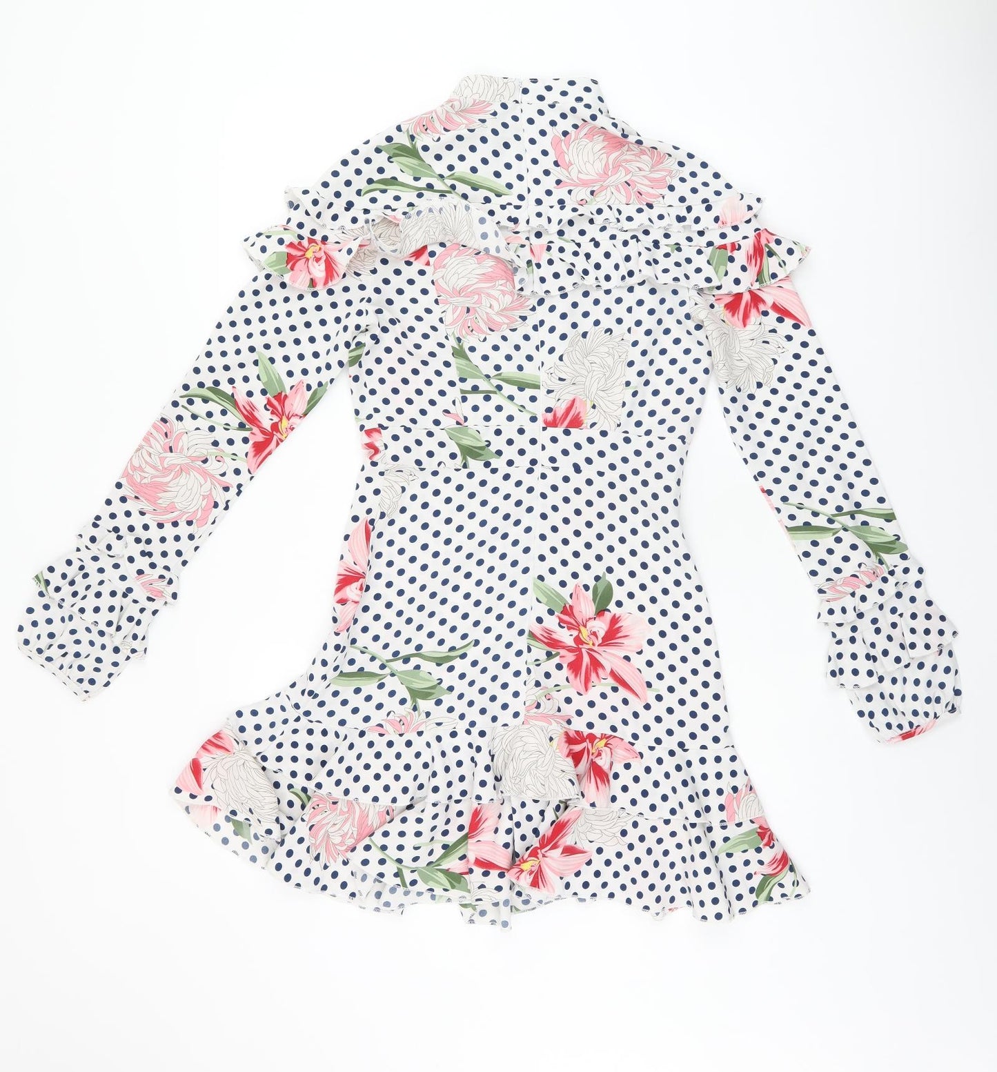 Boohoo Womens White Polka Dot Polyester Skater Dress Size 8 High Neck Zip - Frill Detail Floral