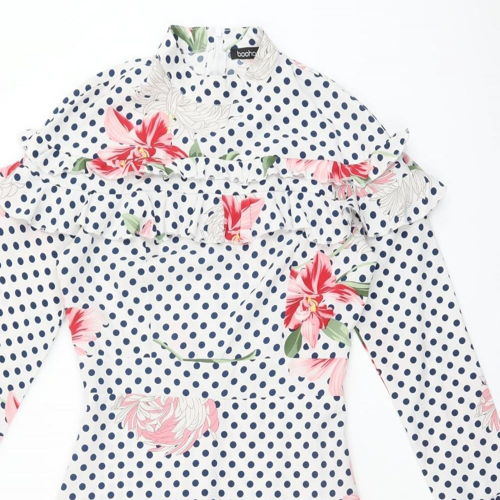 Boohoo Womens White Polka Dot Polyester Skater Dress Size 8 High Neck Zip - Frill Detail Floral