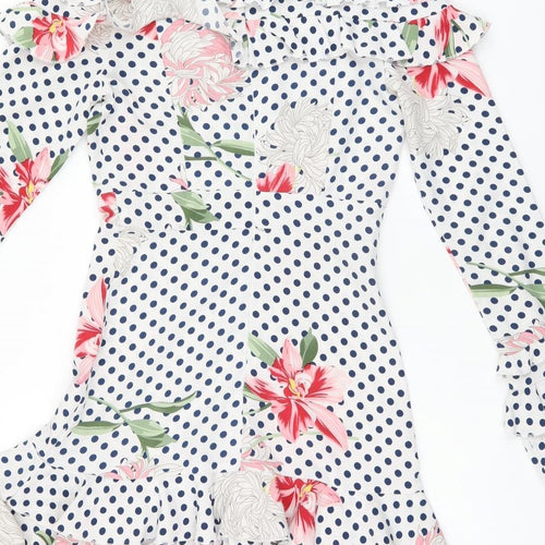 Boohoo Womens White Polka Dot Polyester Skater Dress Size 8 High Neck Zip - Frill Detail Floral