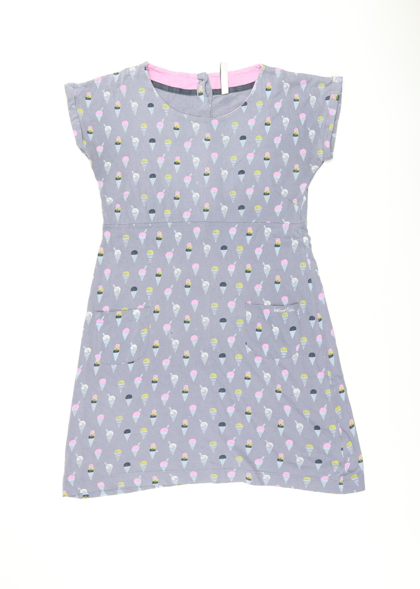 Weird Fish Womens Grey Geometric Cotton Shift Size 12 Round Neck Button - Ice Cream Print