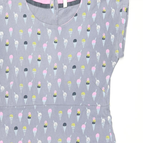 Weird Fish Womens Grey Geometric Cotton Shift Size 12 Round Neck Button - Ice Cream Print