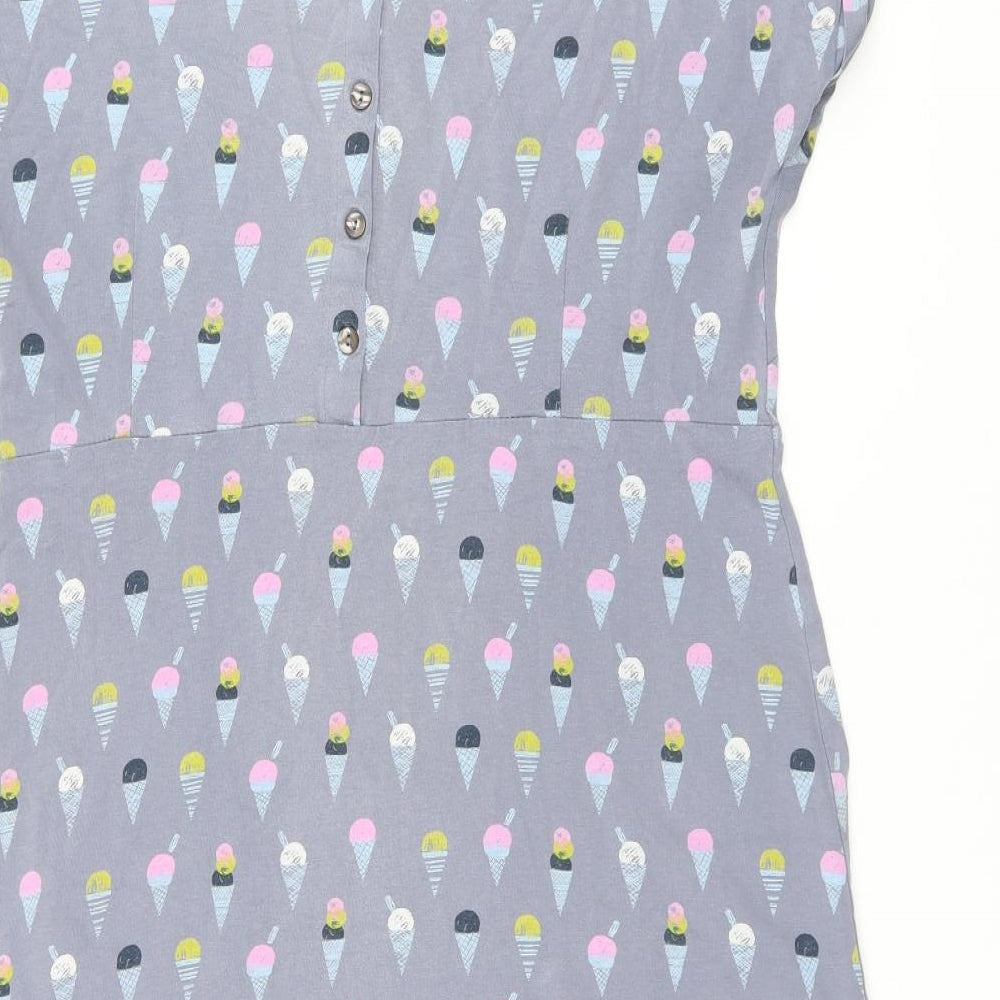 Weird Fish Womens Grey Geometric Cotton Shift Size 12 Round Neck Button - Ice Cream Print