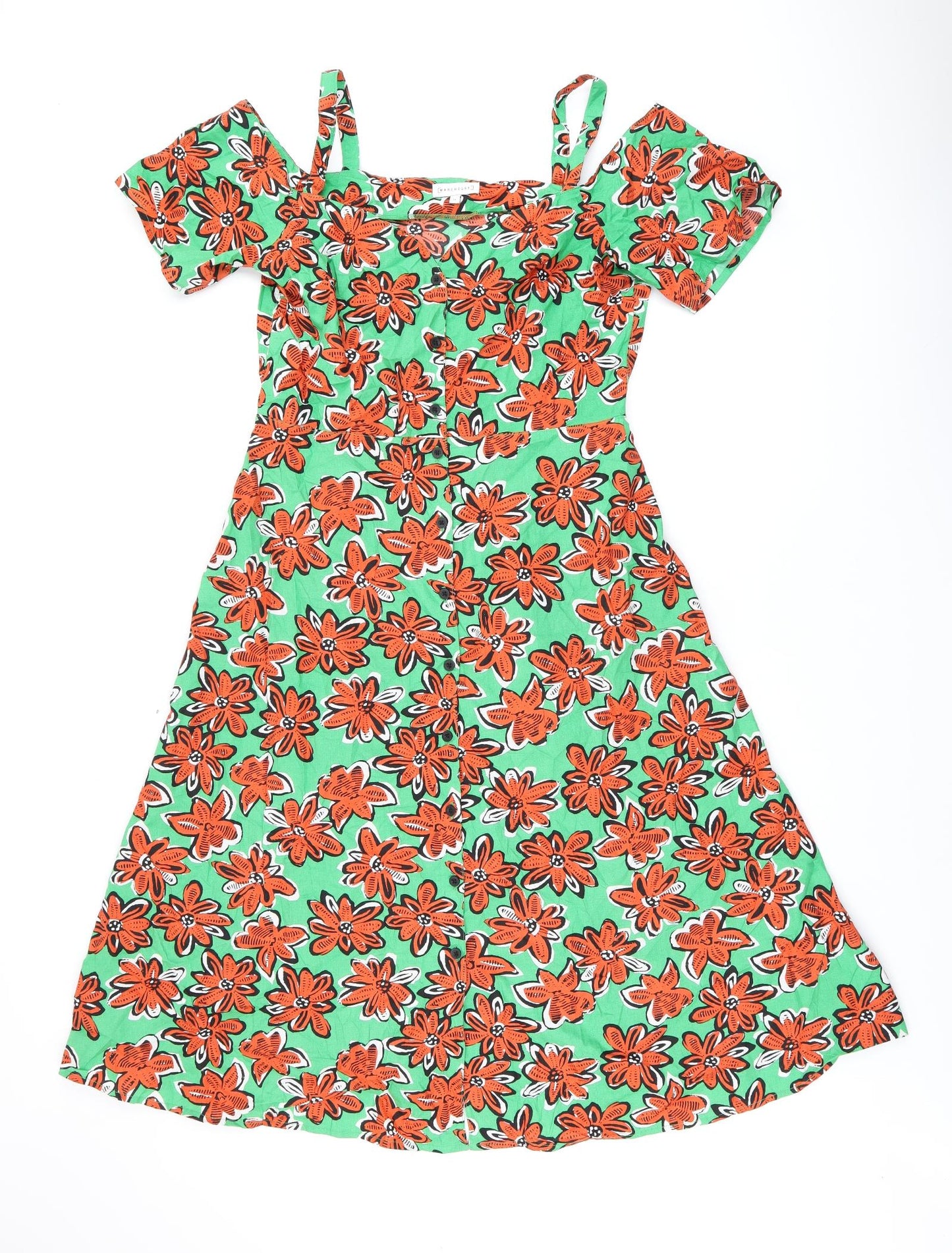 Warehouse Womens Green Floral Cotton A-Line Size 14 Sweetheart Button - Cold Shoulder