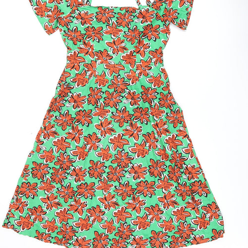 Warehouse Womens Green Floral Cotton A-Line Size 14 Sweetheart Button - Cold Shoulder
