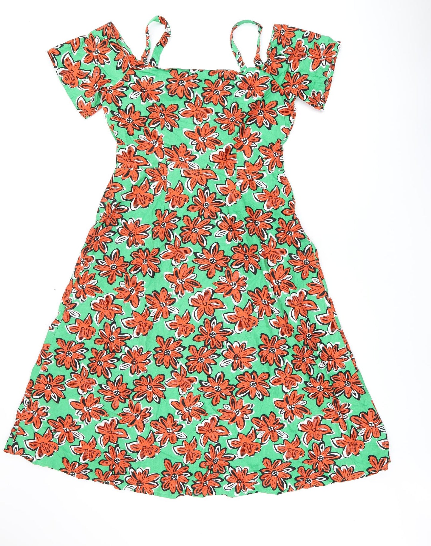 Warehouse Womens Green Floral Cotton A-Line Size 14 Sweetheart Button - Cold Shoulder