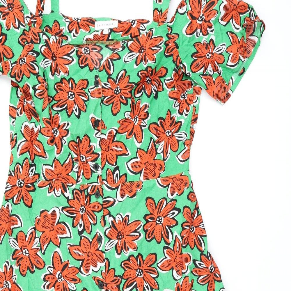 Warehouse Womens Green Floral Cotton A-Line Size 14 Sweetheart Button - Cold Shoulder