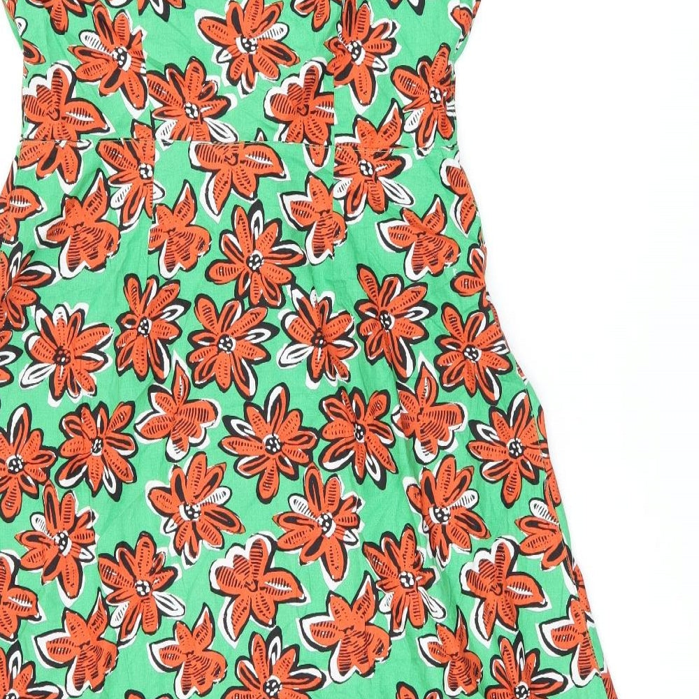 Warehouse Womens Green Floral Cotton A-Line Size 14 Sweetheart Button - Cold Shoulder