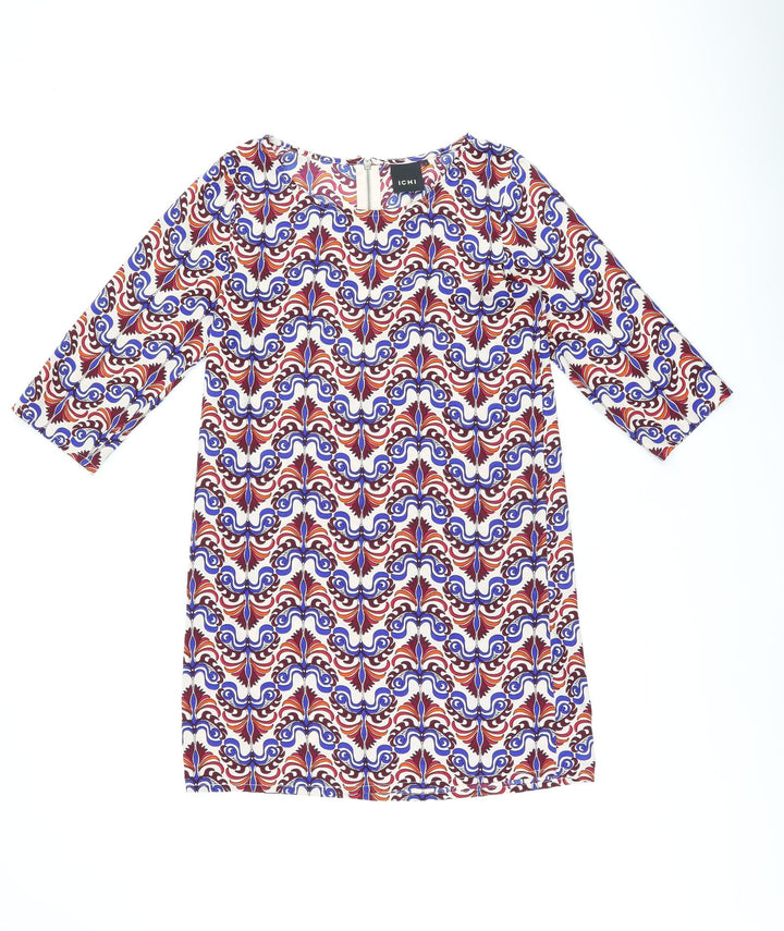 ICHI Womens Multicoloured Geometric Polyester Shift Size S Boat Neck Zip