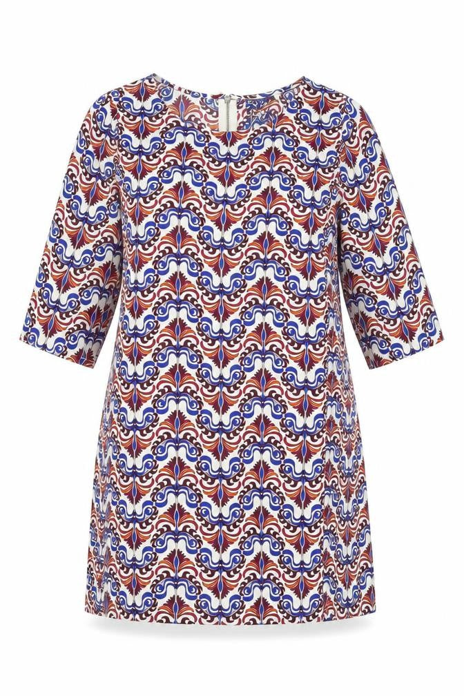 Front view of ICHI women’s multicoloured geometric polyester shift, size S, boat neck zip
