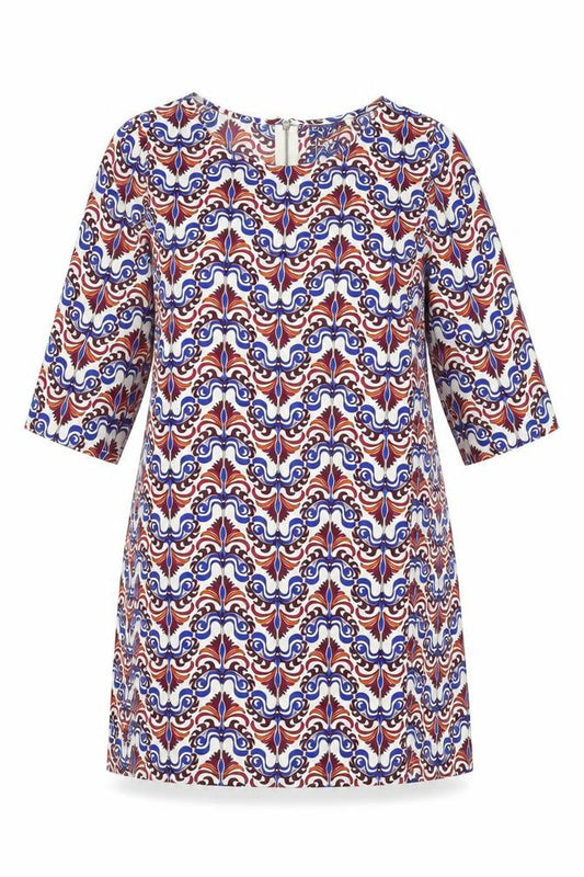 Front view of ICHI women’s multicoloured geometric polyester shift, size S, boat neck zip