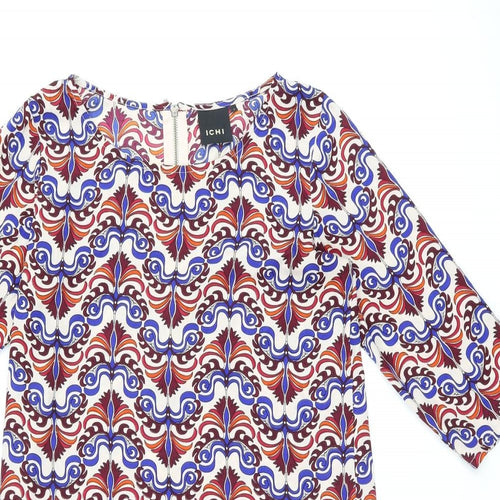 ICHI Womens Multicoloured Geometric Polyester Shift Size S Boat Neck Zip