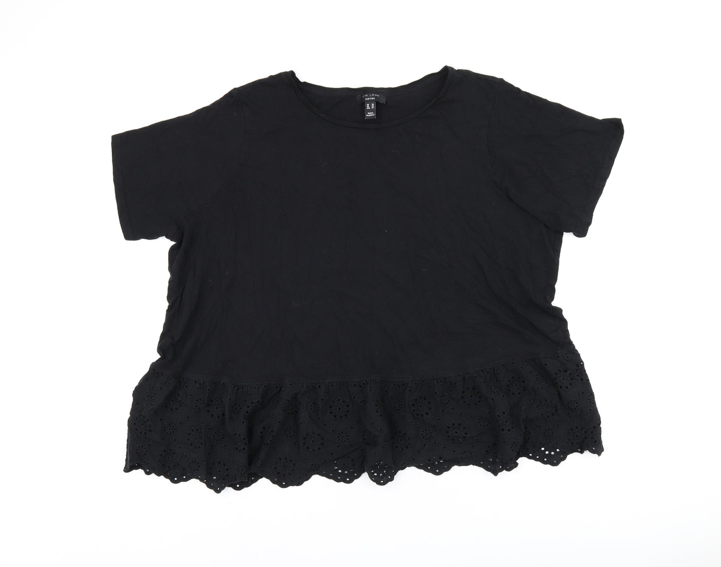 New Look Womens Black Cotton Basic Blouse Size 26 Round Neck - Broderie Anglaise