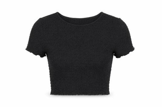 Front view of H&M women’s black polyester cropped t-shirt, size S, round neck