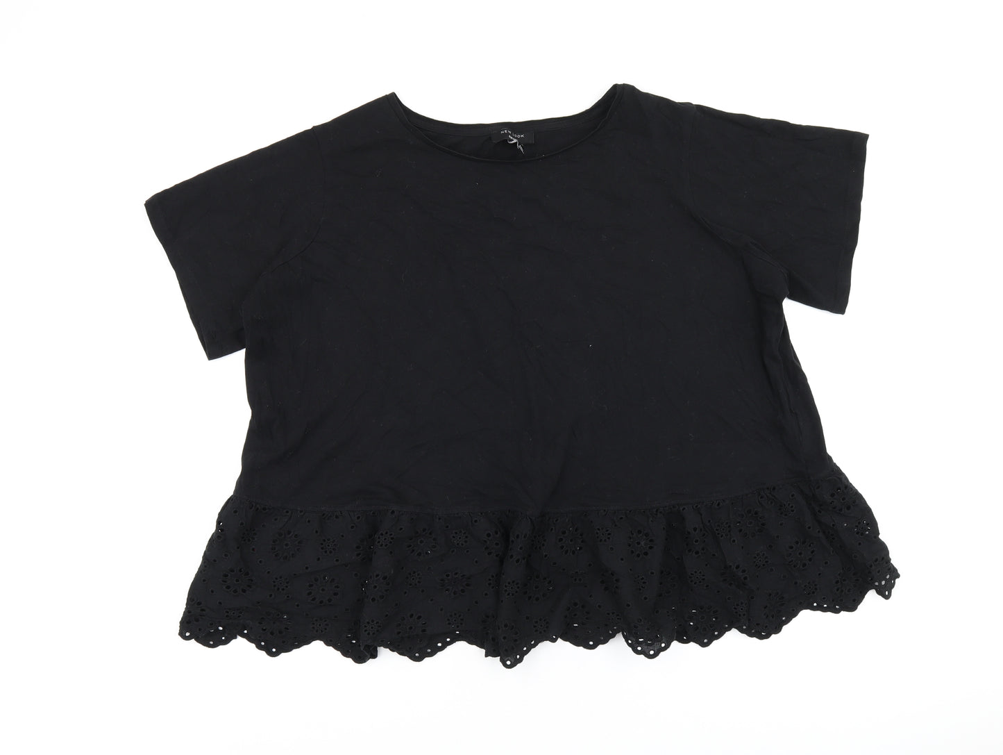 New Look Womens Black Cotton Basic Blouse Size 26 Round Neck - Broderie Anglaise